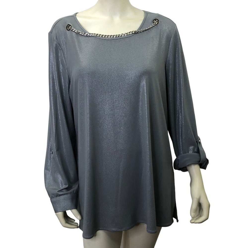 SLIM FACTOR $69 ROLL‎ TAB SLEEVE BLOUSE L NEW WITH TAG